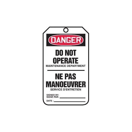 Accuform French Bilingual Safety Tags, DANGER DO NOT OPERATE MAINTENANCE DEPARTMENT, 5.75in x 3.25in, 25PK TCF123PTP